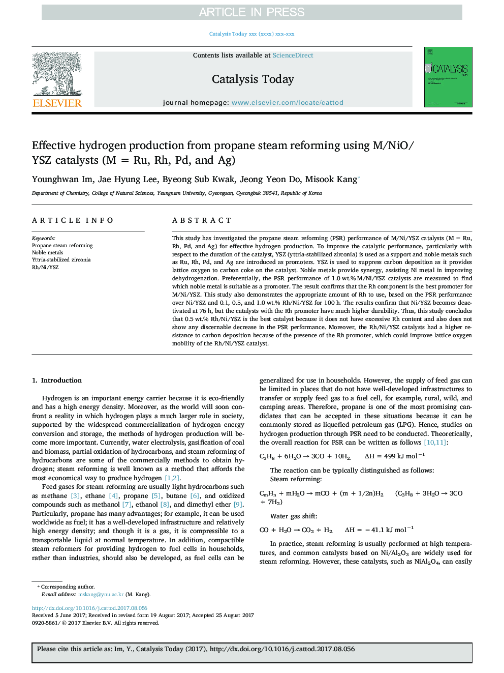 Effective hydrogen production from propane steam reforming using M/NiO/YSZ catalysts (MÂ =Â Ru, Rh, Pd, and Ag)