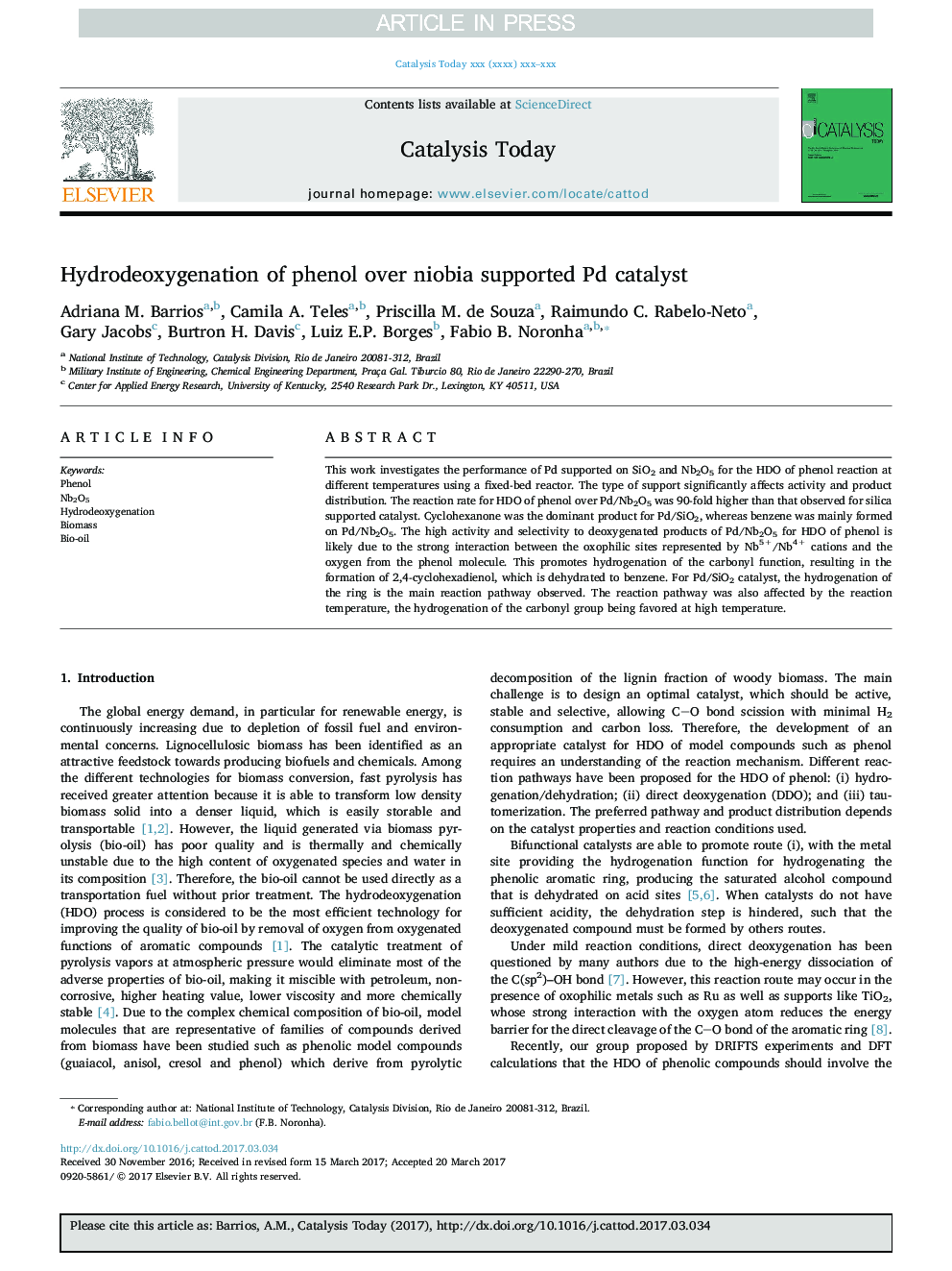 Hydrodeoxygenation of phenol over niobia supported Pd catalyst