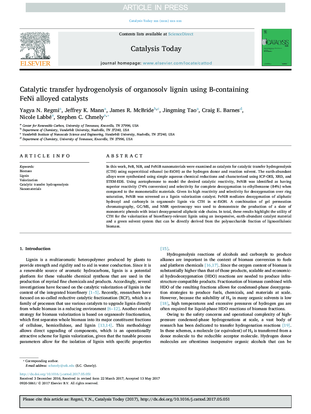 عکس صفحه اول مقاله: Catalytic transfer hydrogenolysis of organosolv lignin using B-containing FeNi alloyed catalysts Catalytic transfer hydrogenolysis of organosolv lignin using B-containing FeNi alloyed catalysts
