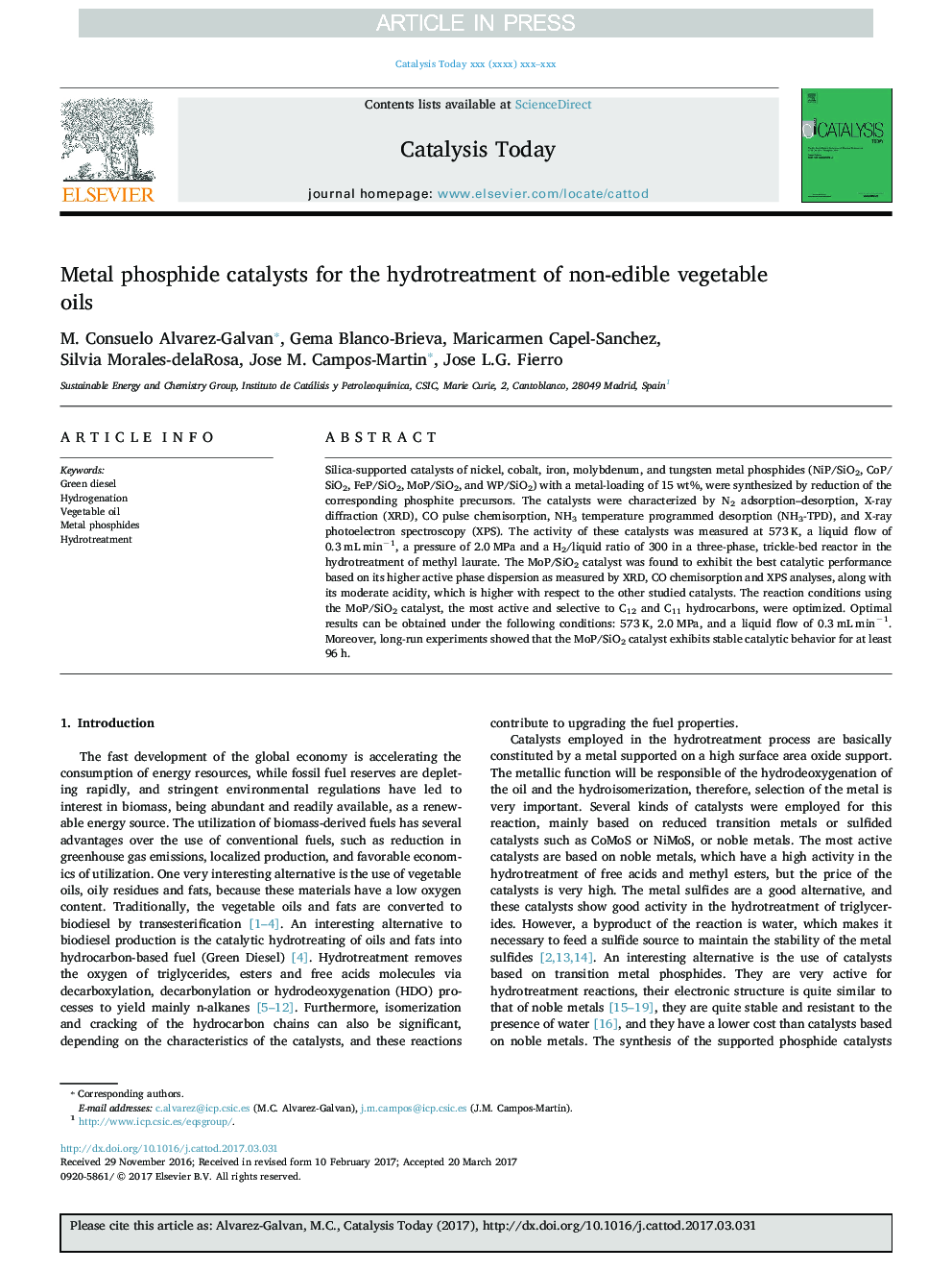 Metal phosphide catalysts for the hydrotreatment of non-edible vegetable oils