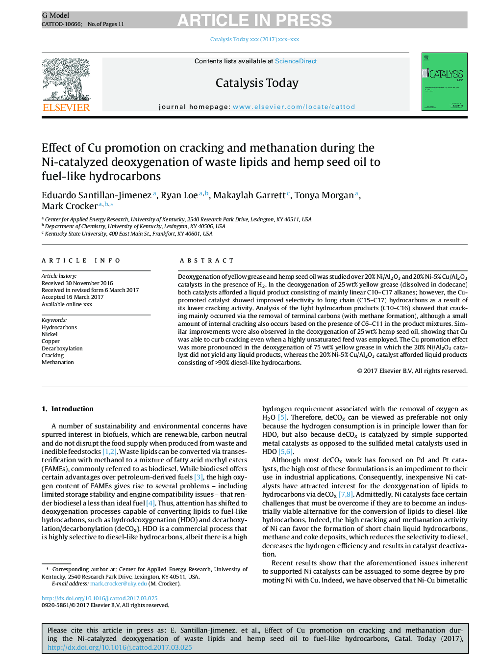 Effect of Cu promotion on cracking and methanation during the Ni-catalyzed deoxygenation of waste lipids and hemp seed oil to fuel-like hydrocarbons