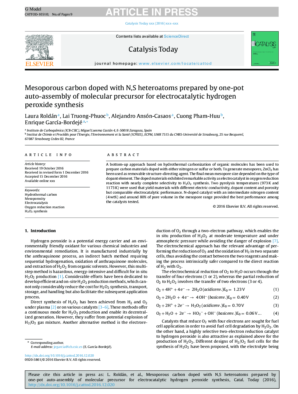 Mesoporous carbon doped with N,S heteroatoms prepared by one-pot auto-assembly of molecular precursor for electrocatalytic hydrogen peroxide synthesis