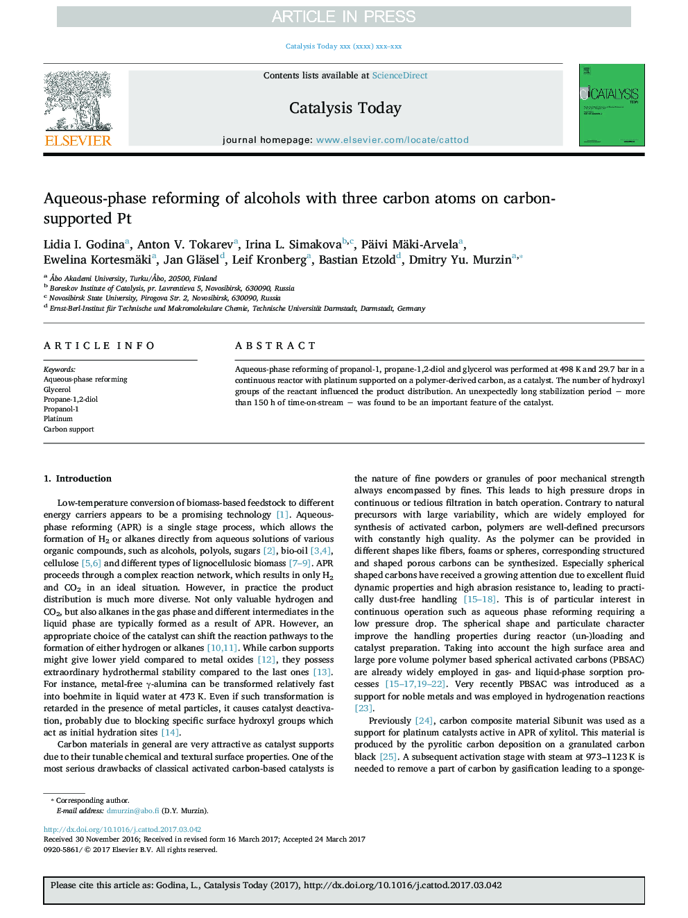 Aqueous-phase reforming of alcohols with three carbon atoms on carbon-supported Pt