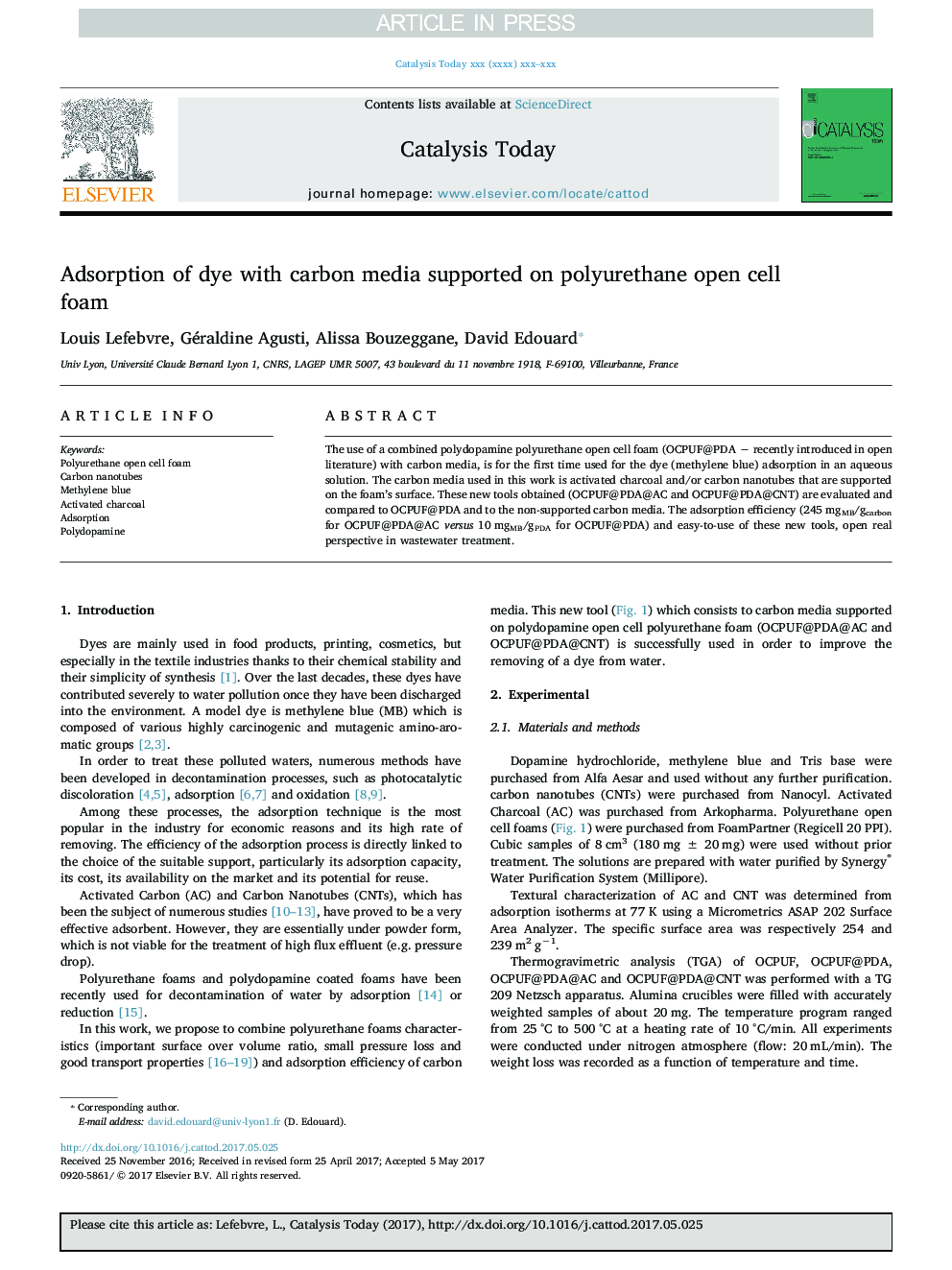 Adsorption of dye with carbon media supported on polyurethane open cell foam