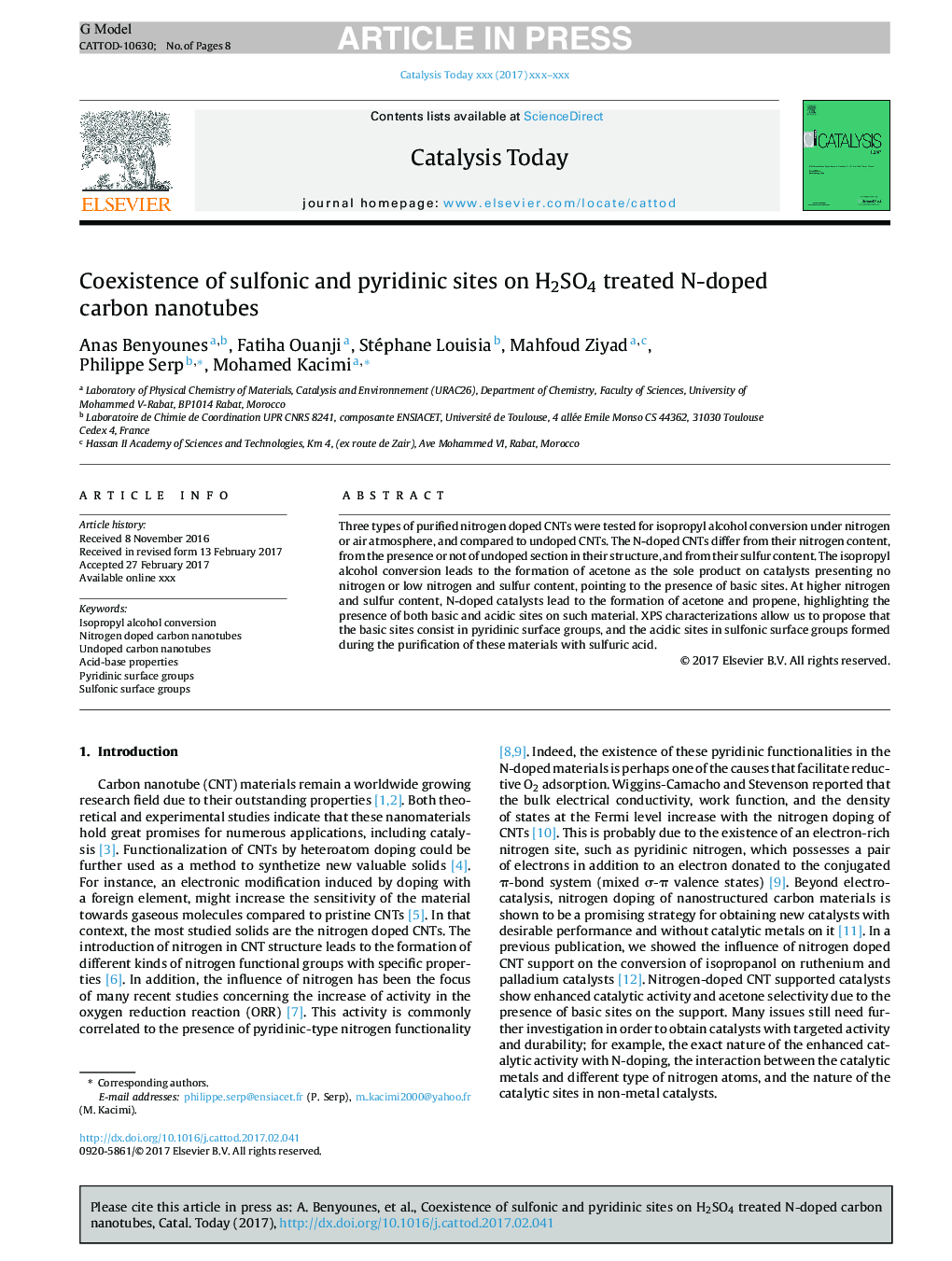 Coexistence of sulfonic and pyridinic sites on H2SO4 treated N-doped carbon nanotubes