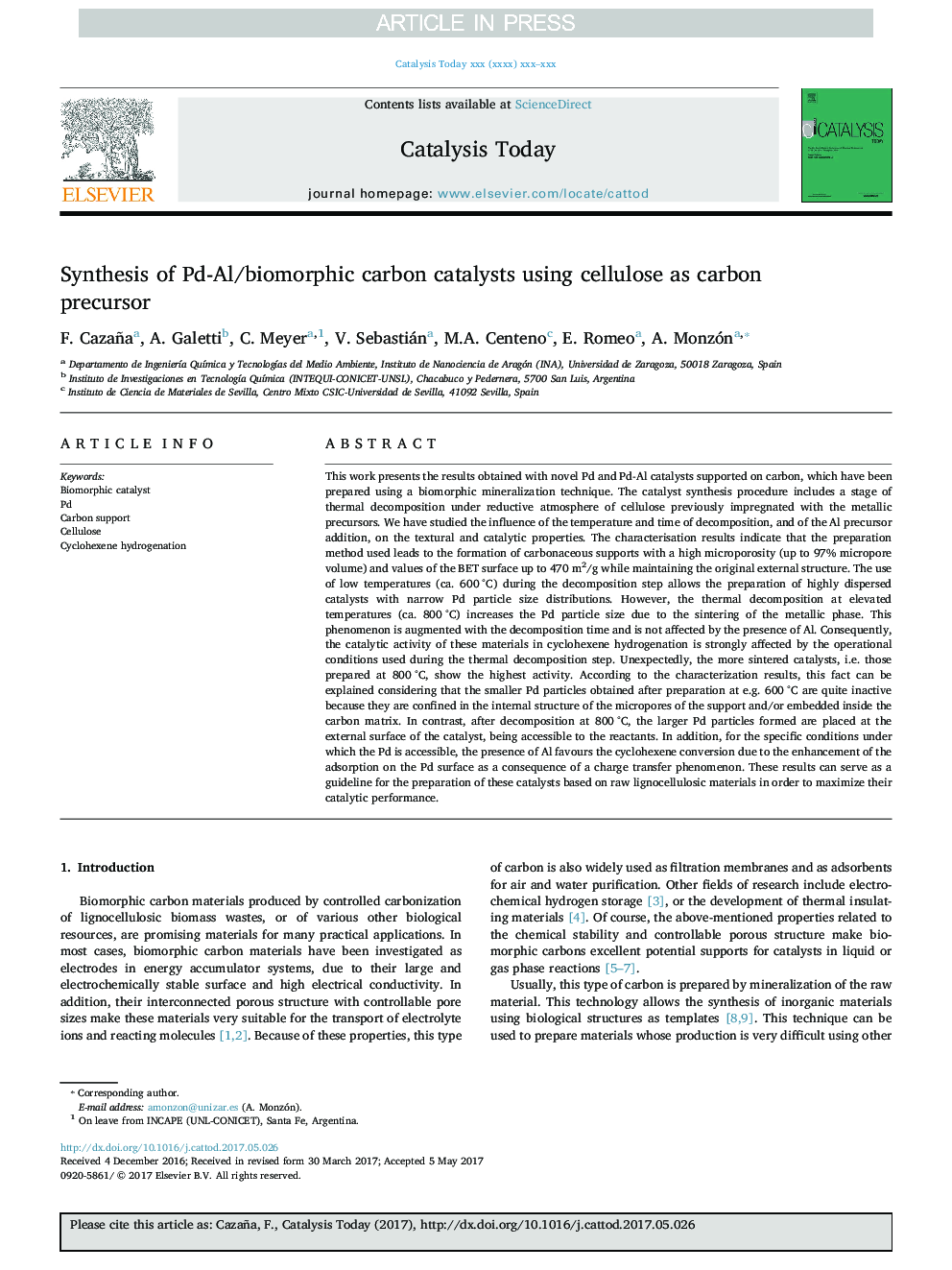 Synthesis of Pd-Al/biomorphic carbon catalysts using cellulose as carbon precursor