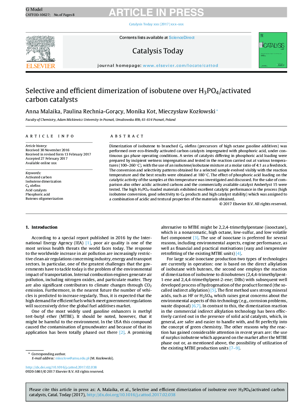 Selective and efficient dimerization of isobutene over H3PO4/activated carbon catalysts