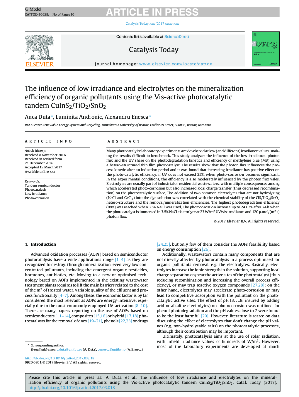 The influence of low irradiance and electrolytes on the mineralization efficiency of organic pollutants using the Vis-active photocatalytic tandem CuInS2/TiO2/SnO2