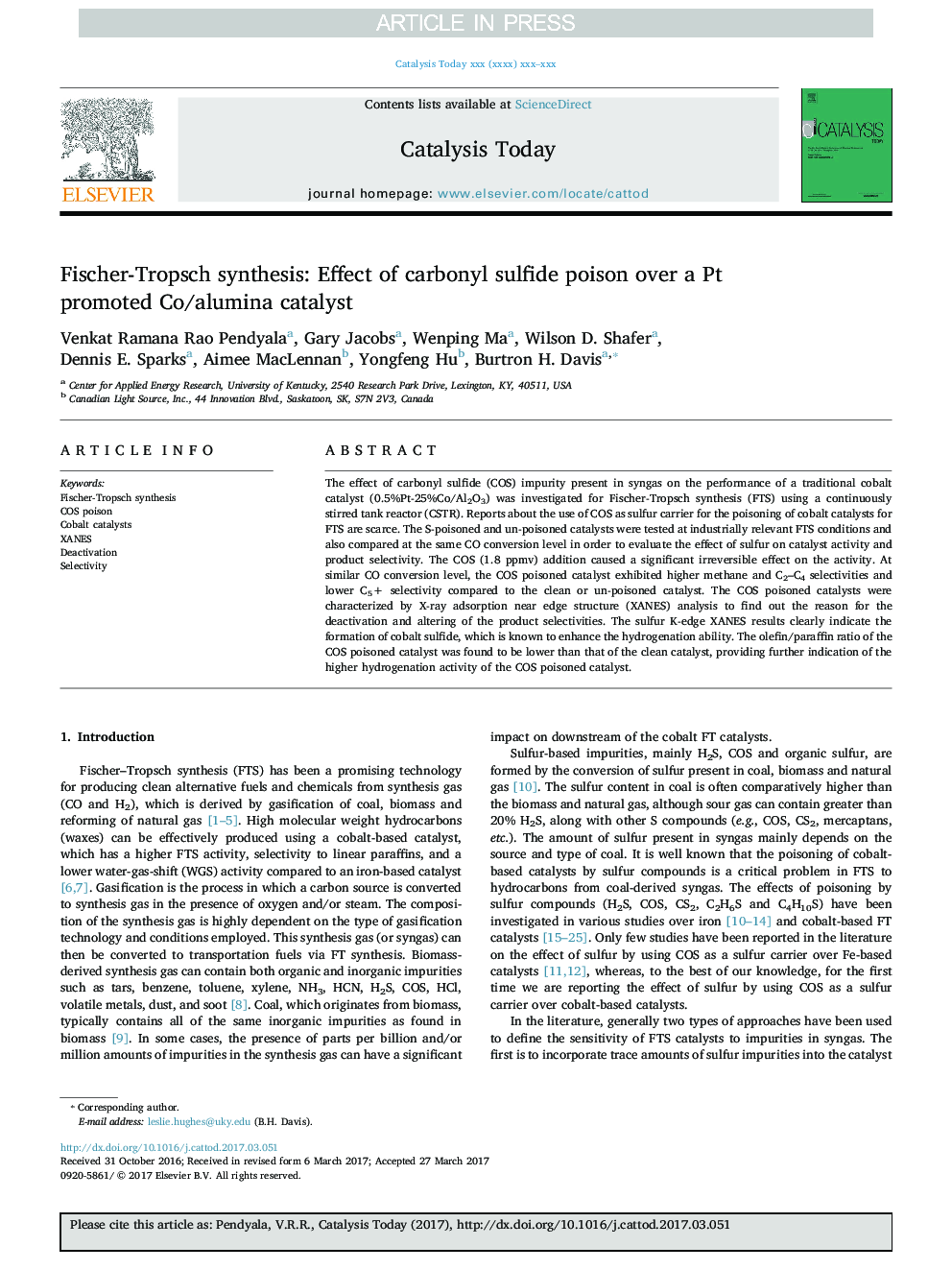 Fischer-Tropsch synthesis: Effect of carbonyl sulfide poison over a Pt promoted Co/alumina catalyst