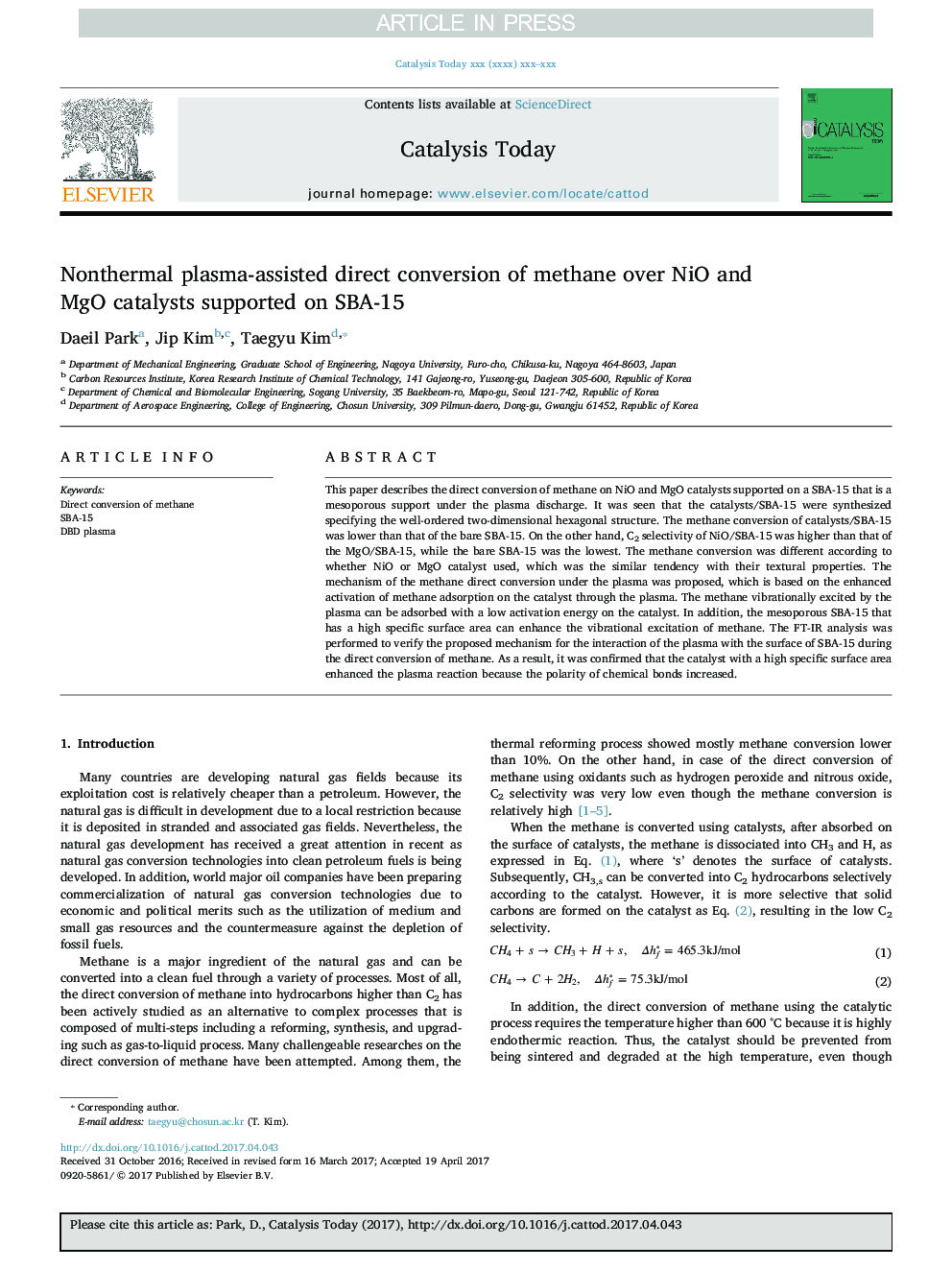 Nonthermal plasma-assisted direct conversion of methane over NiO and MgO catalysts supported on SBA-15