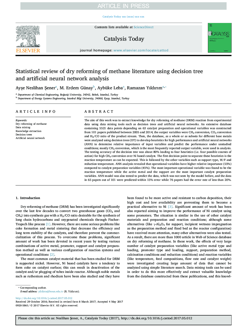 Statistical review of dry reforming of methane literature using decision tree and artificial neural network analysis