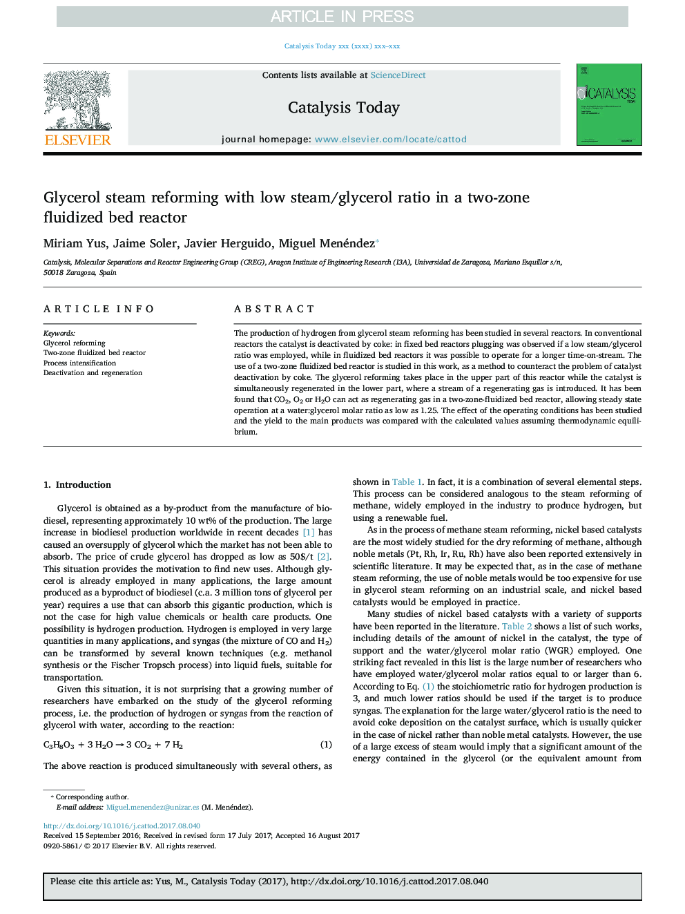 Glycerol steam reforming with low steam/glycerol ratio in a two-zone fluidized bed reactor