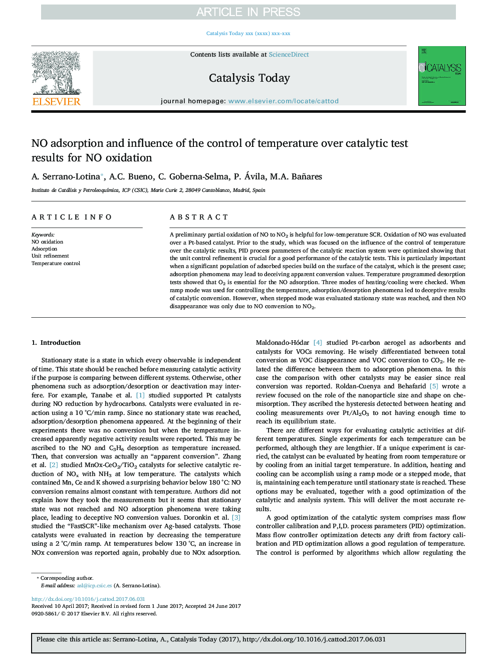 NO adsorption and influence of the control of temperature over catalytic test results for NO oxidation