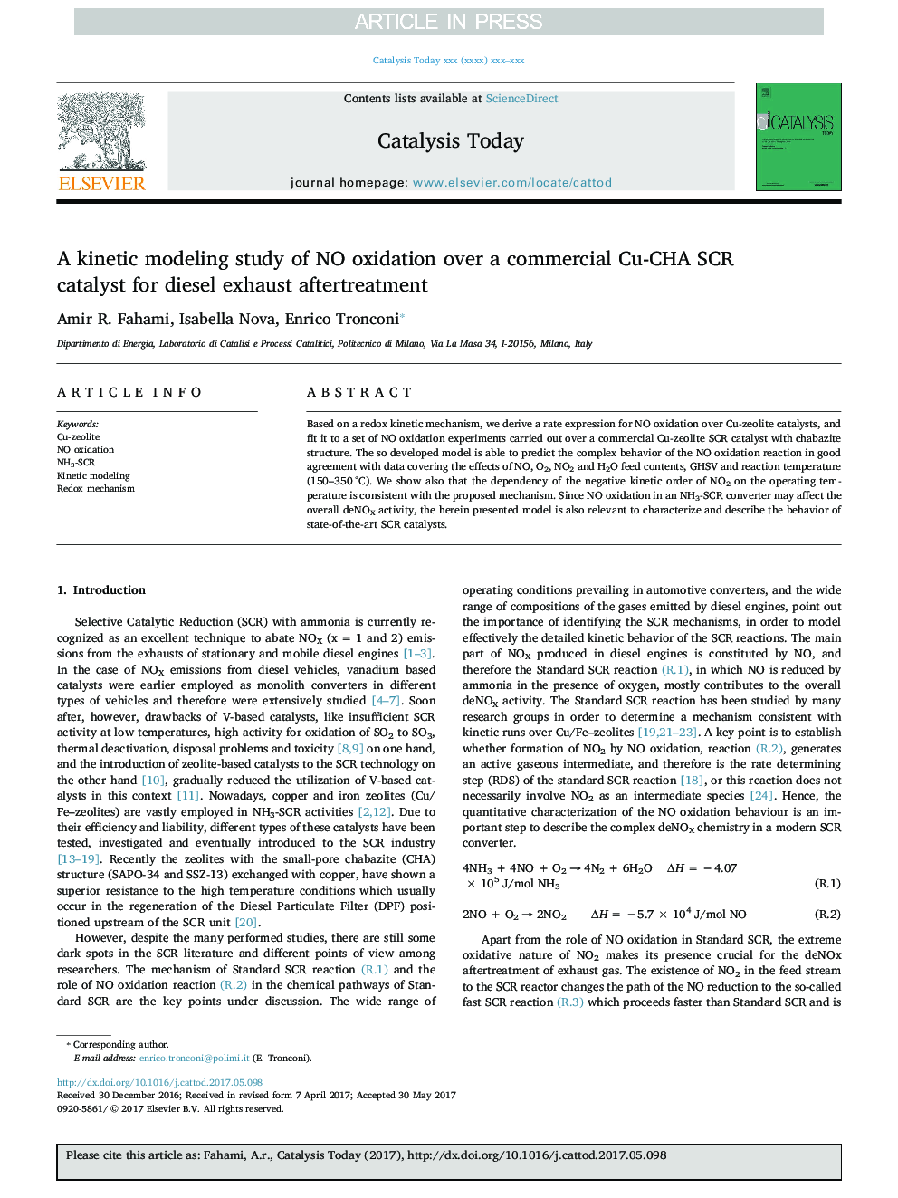 A kinetic modeling study of NO oxidation over a commercial Cu-CHA SCR catalyst for diesel exhaust aftertreatment