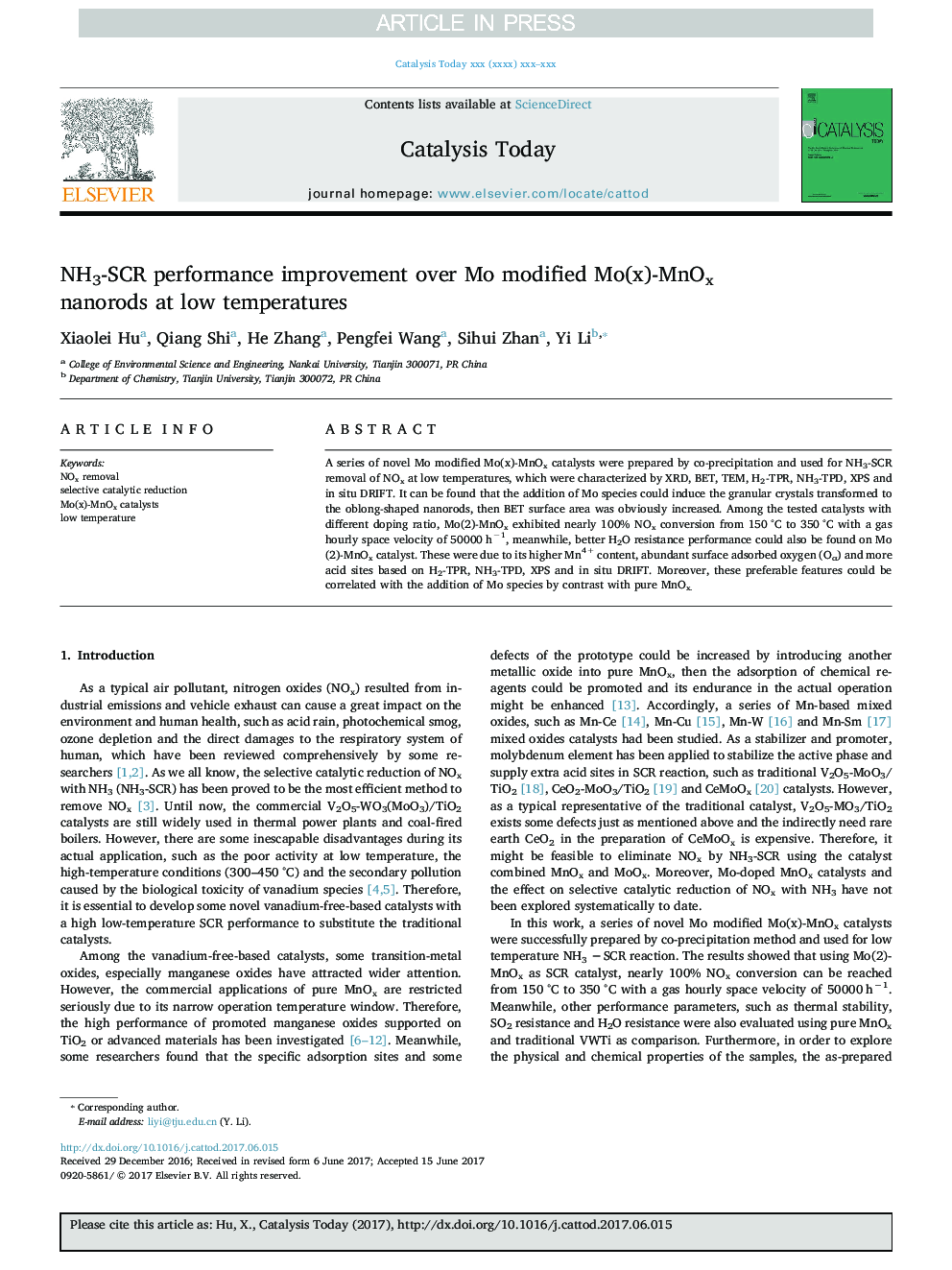 NH3-SCR performance improvement over Mo modified Mo(x)-MnOx nanorods at low temperatures