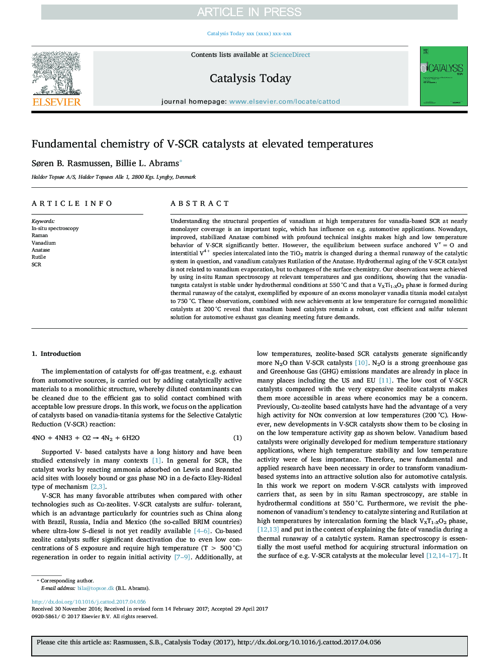 Fundamental chemistry of V-SCR catalysts at elevated temperatures