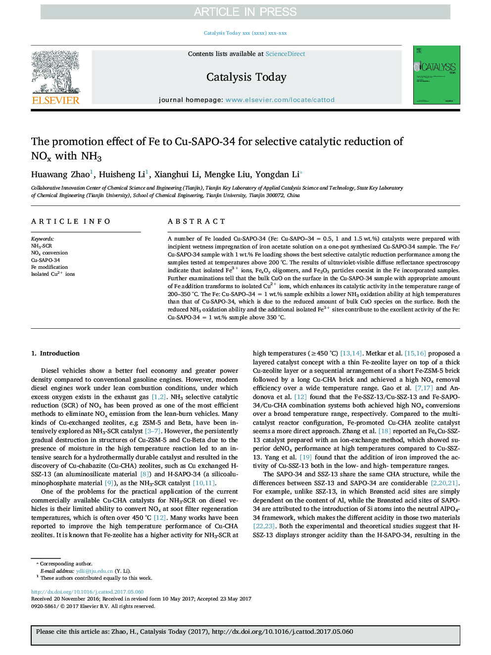 The promotion effect of Fe to Cu-SAPO-34 for selective catalytic reduction of NOx with NH3