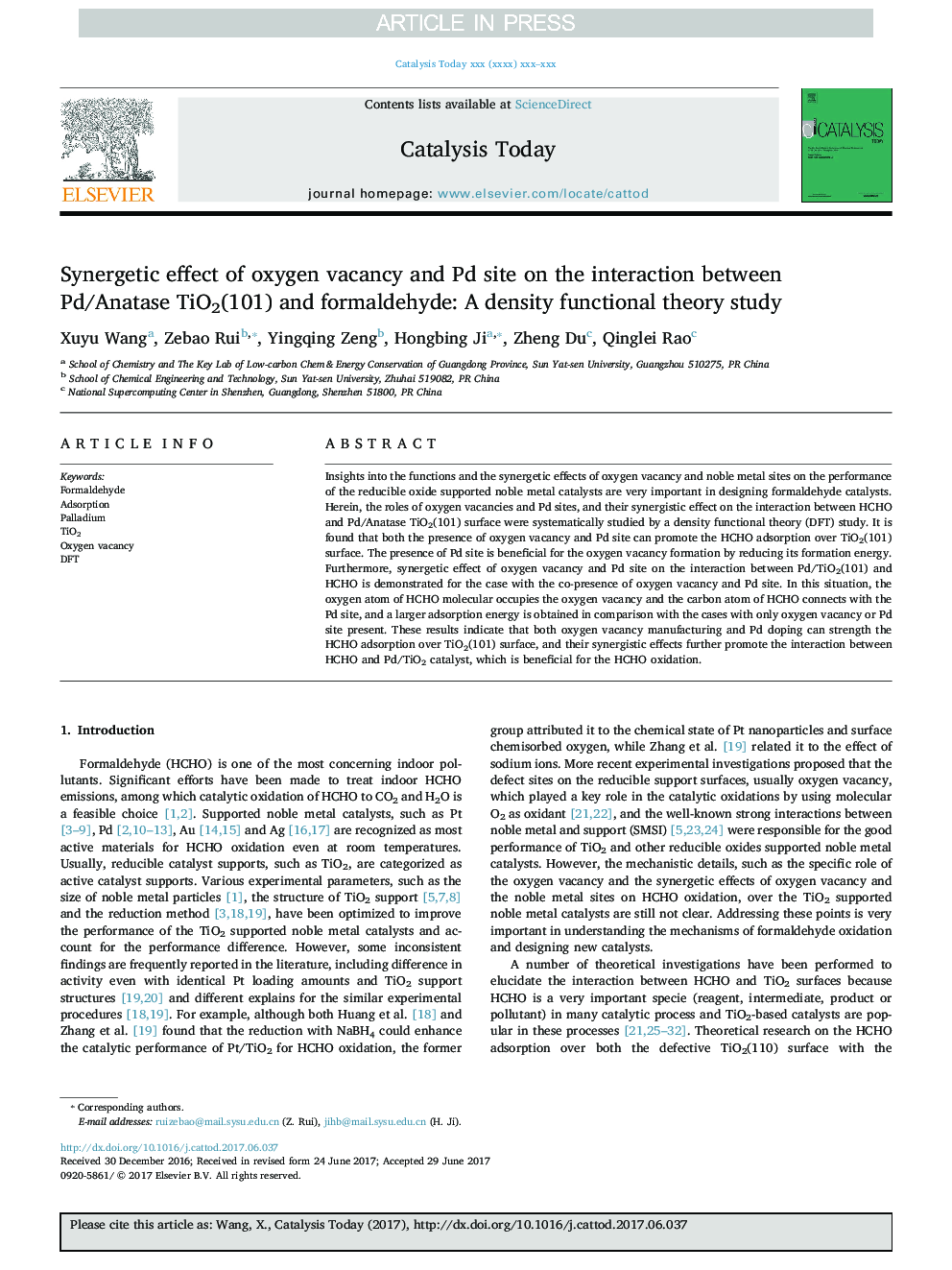 Synergetic effect of oxygen vacancy and Pd site on the interaction between Pd/Anatase TiO2(101) and formaldehyde: A density functional theory study