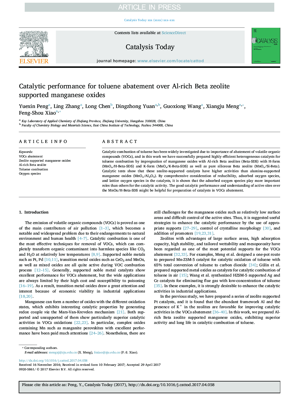 Catalytic performance for toluene abatement over Al-rich Beta zeolite supported manganese oxides