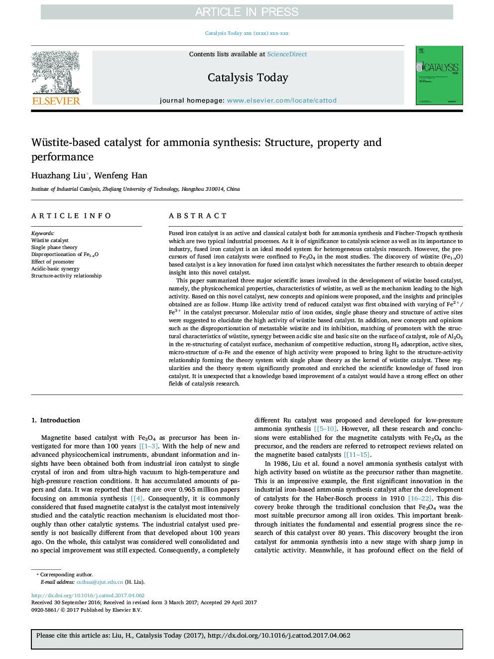 Wüstite-based catalyst for ammonia synthesis: Structure, property and performance