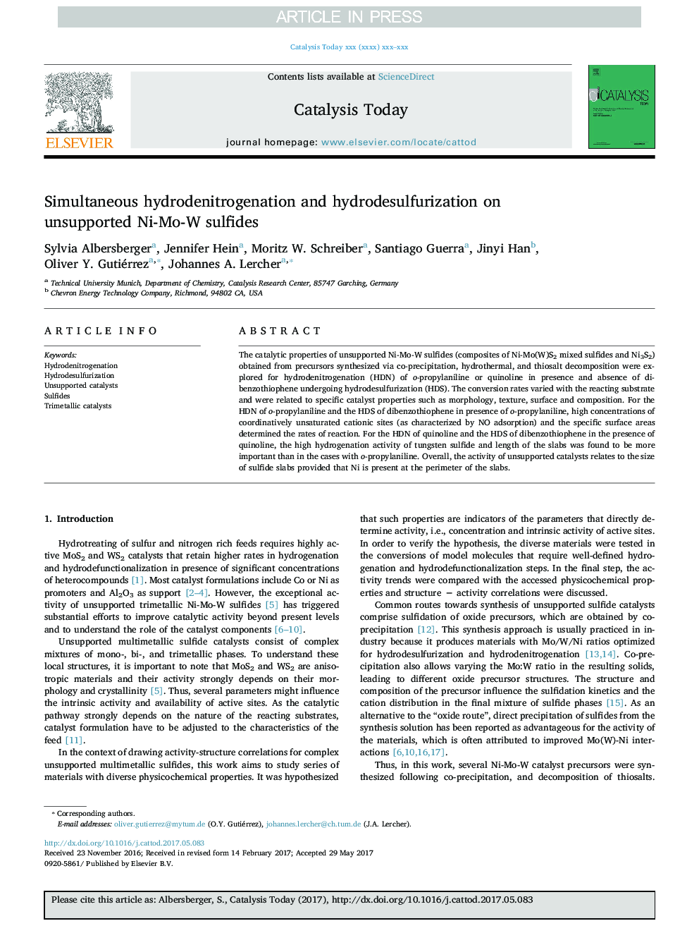 Simultaneous hydrodenitrogenation and hydrodesulfurization on unsupported Ni-Mo-W sulfides