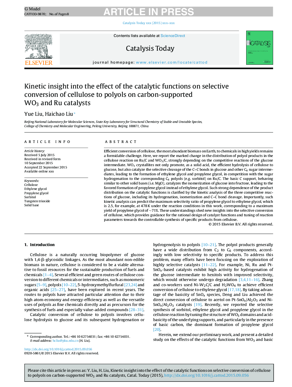 Kinetic insight into the effect of the catalytic functions on selective conversion of cellulose to polyols on carbon-supported WO3 and Ru catalysts