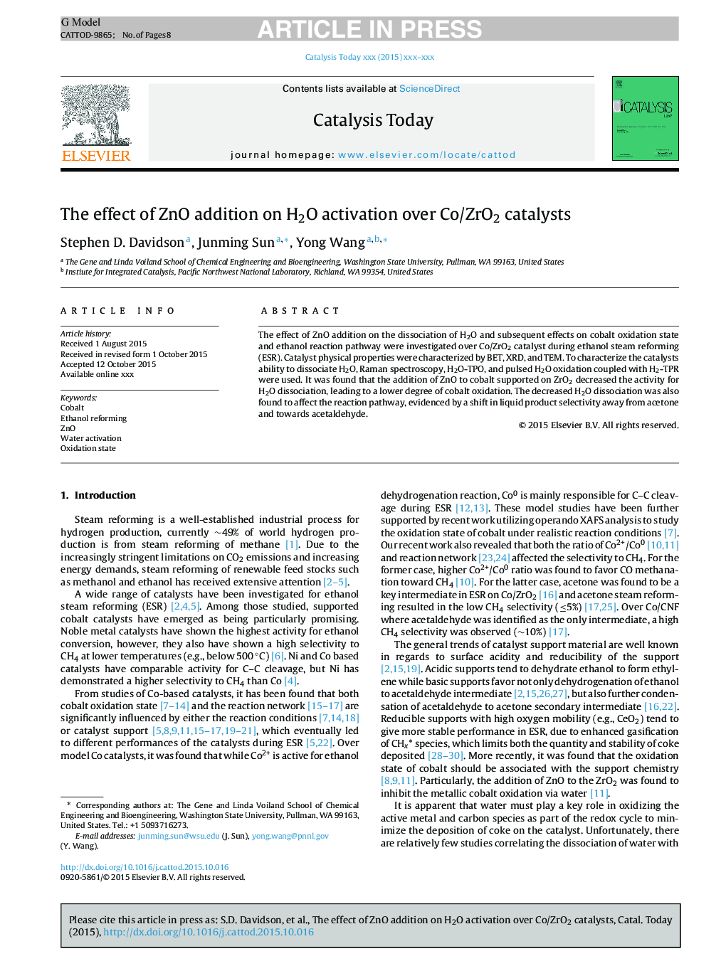 The effect of ZnO addition on H2O activation over Co/ZrO2 catalysts