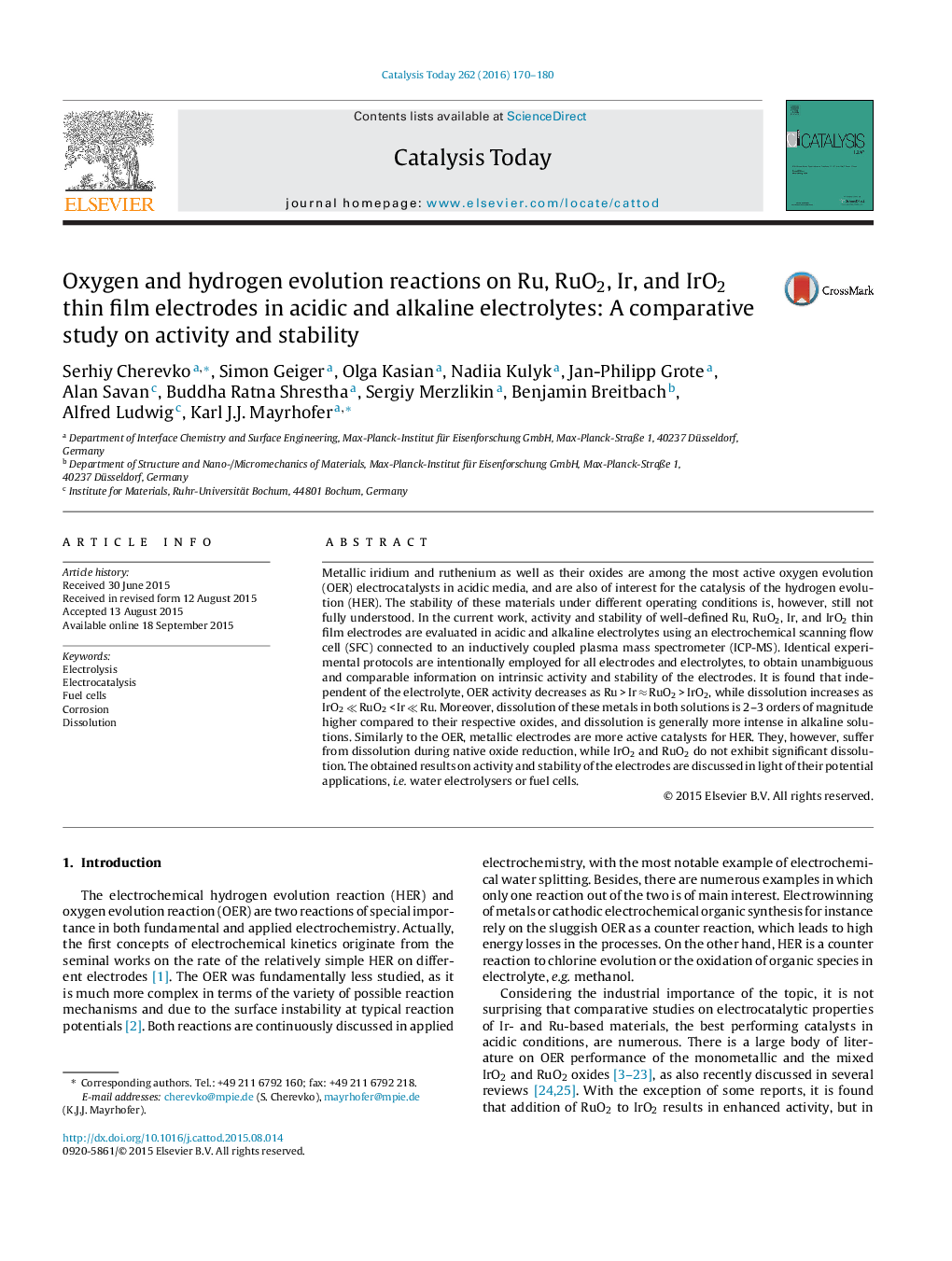 Oxygen and hydrogen evolution reactions on Ru, RuO2, Ir, and IrO2 thin film electrodes in acidic and alkaline electrolytes: A comparative study on activity and stability