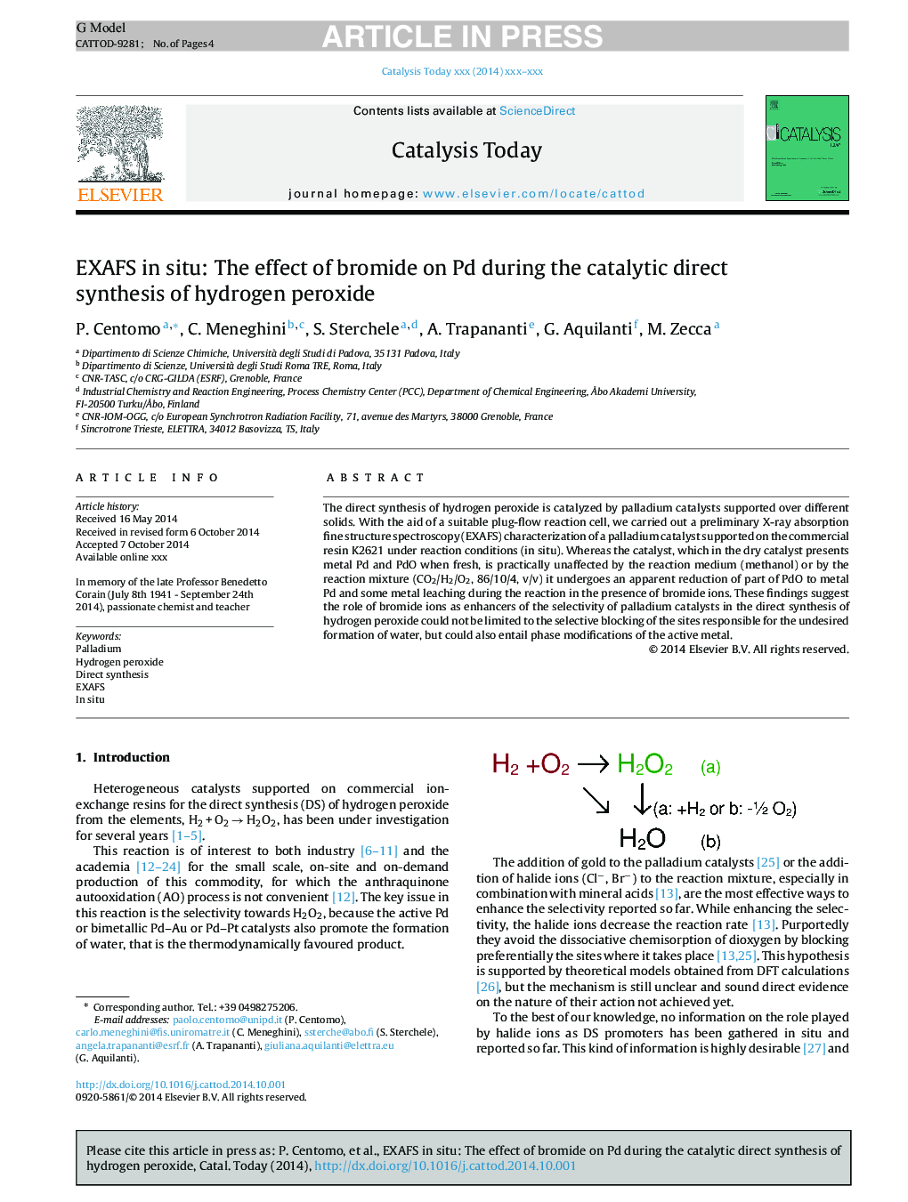 EXAFS in situ: The effect of bromide on Pd during the catalytic direct synthesis of hydrogen peroxide