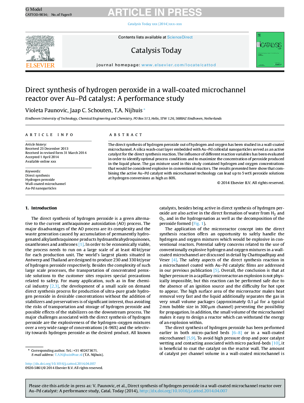 Direct synthesis of hydrogen peroxide in a wall-coated microchannel reactor over Au-Pd catalyst: A performance study