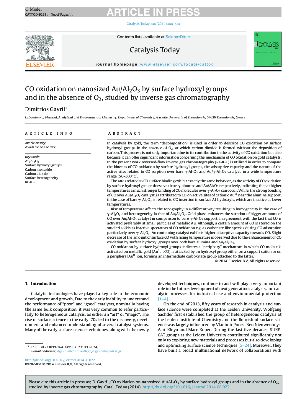 عکس صفحه اول مقاله: CO oxidation on nanosized Au/Al2O3 by surface hydroxyl groups and in the absence of O2, studied by inverse gas chromatography CO oxidation on nanosized Au/Al2O3 by surface hydroxyl groups and in the absence of O2, studied by inverse gas chromatography