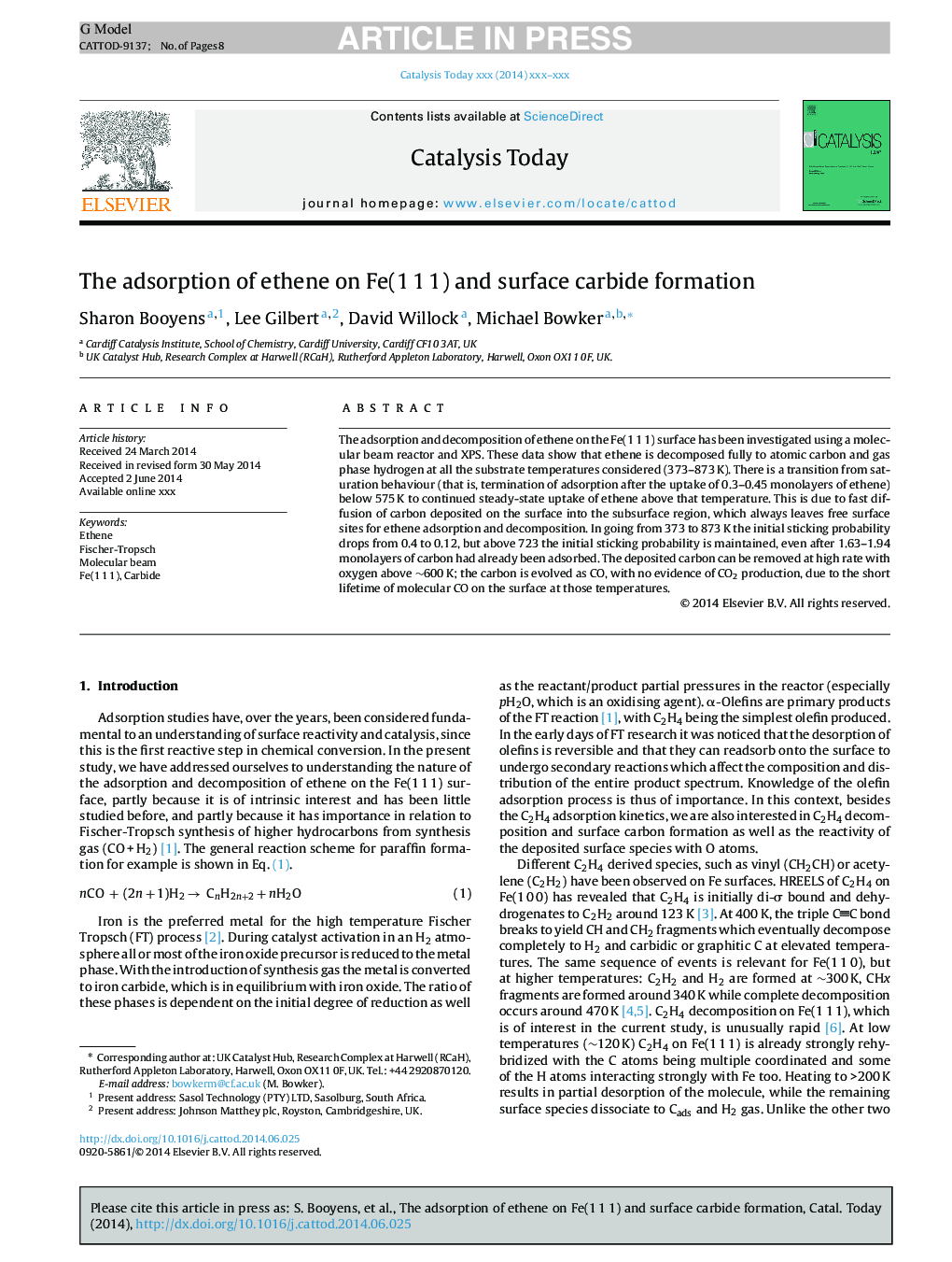 The adsorption of ethene on Fe(1Â 1Â 1) and surface carbide formation