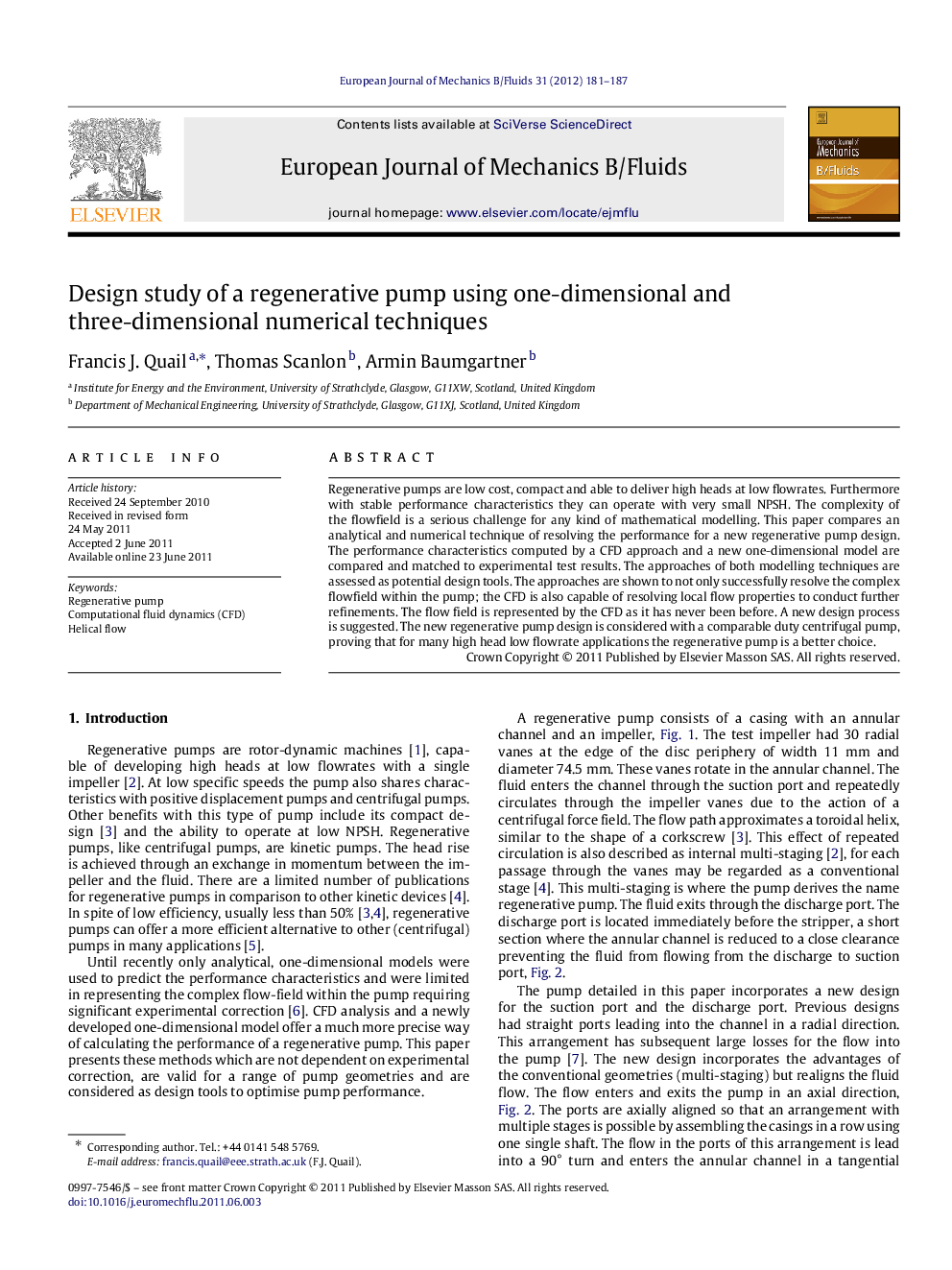 Design study of a regenerative pump using one-dimensional and three-dimensional numerical techniques