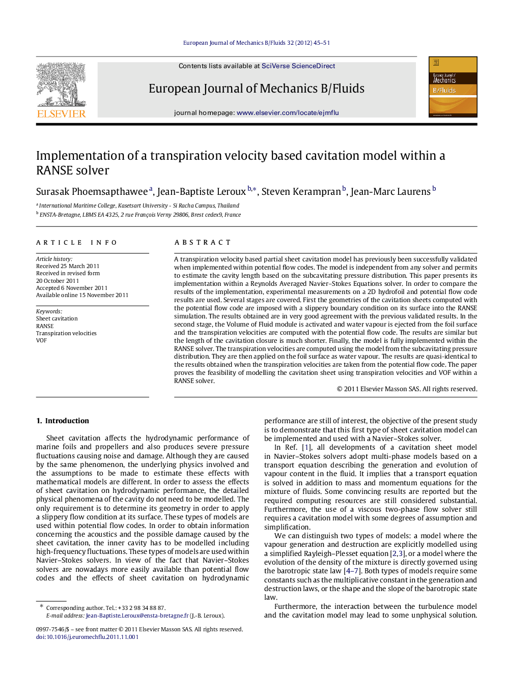 Implementation of a transpiration velocity based cavitation model within a RANSE solver