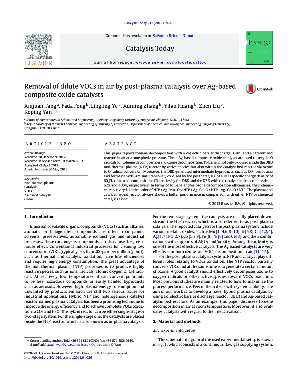 Removal of dilute VOCs in air by post-plasma catalysis over Ag-based composite oxide catalysts