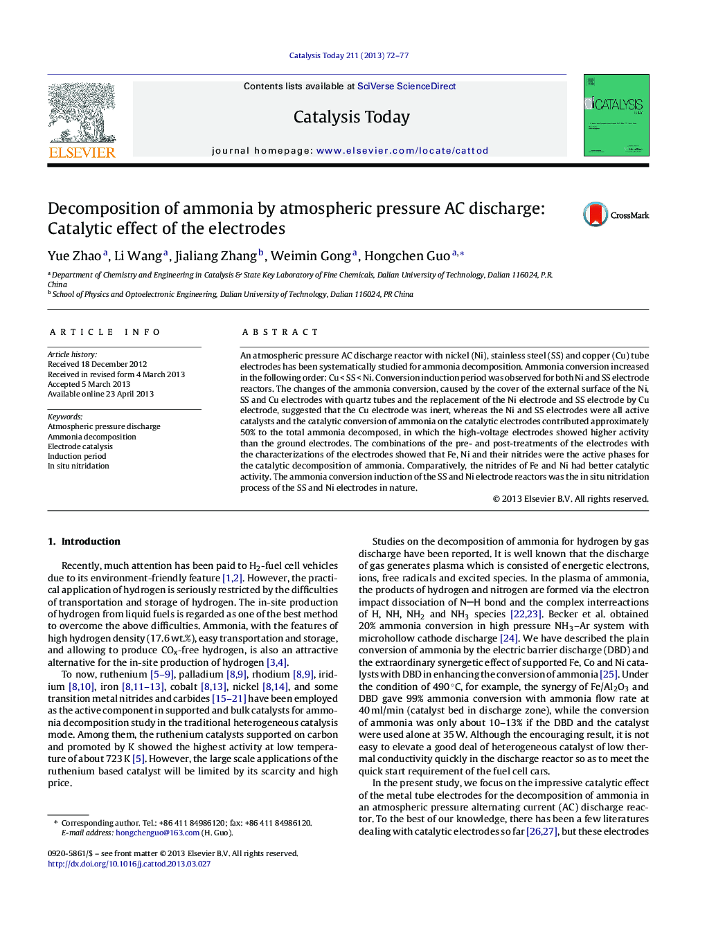 Decomposition of ammonia by atmospheric pressure AC discharge: Catalytic effect of the electrodes