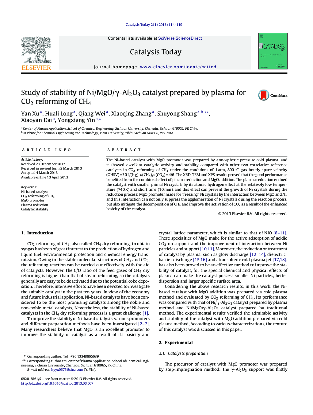 Study of stability of Ni/MgO/Î³-Al2O3 catalyst prepared by plasma for CO2 reforming of CH4