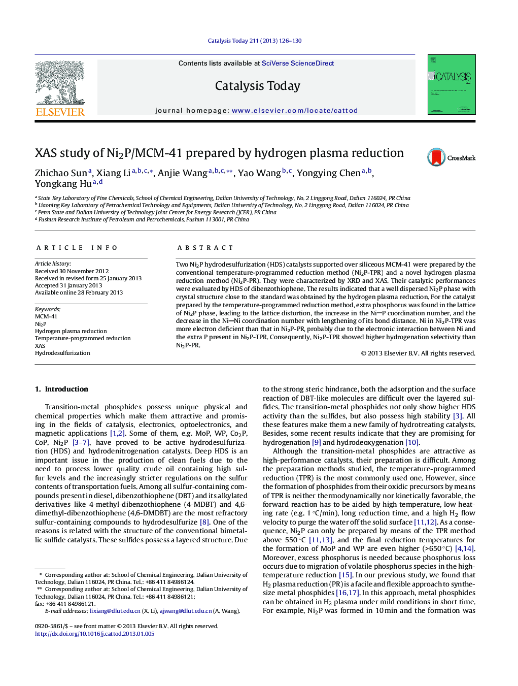 XAS study of Ni2P/MCM-41 prepared by hydrogen plasma reduction