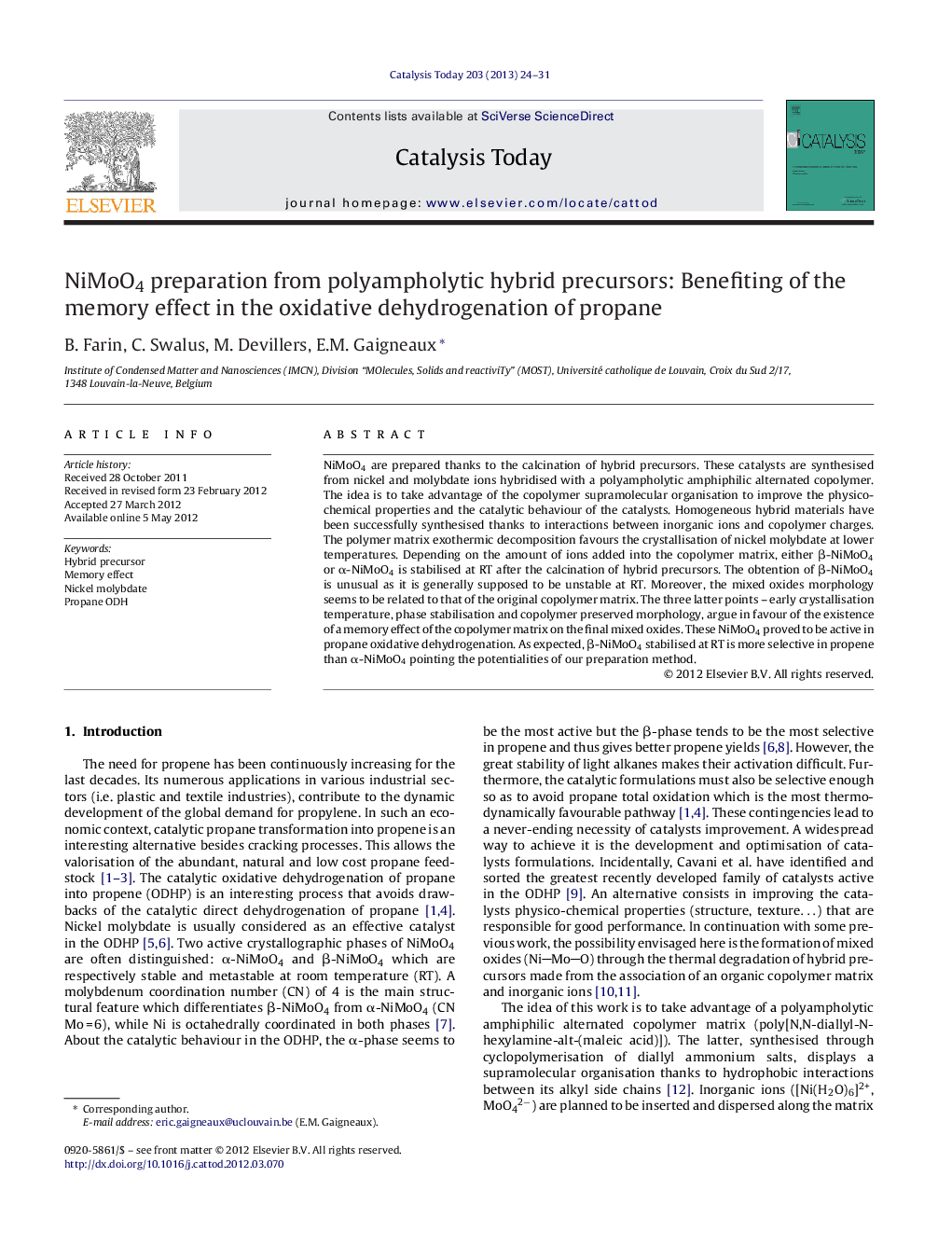 NiMoO4 preparation from polyampholytic hybrid precursors: Benefiting of the memory effect in the oxidative dehydrogenation of propane