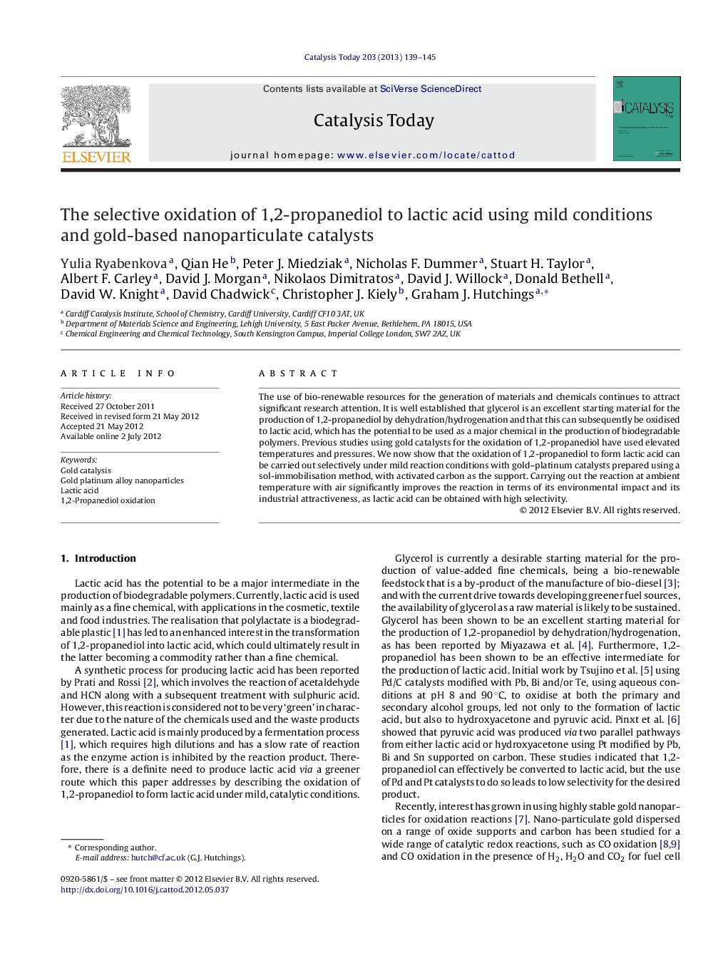 اکسیداسیون انتخابی 1،2-پروپانیدیول به اسید لاکتیک با استفاده از شرایط خفیف و کاتالیزورهای نانوذرات مبتنی بر طلا 