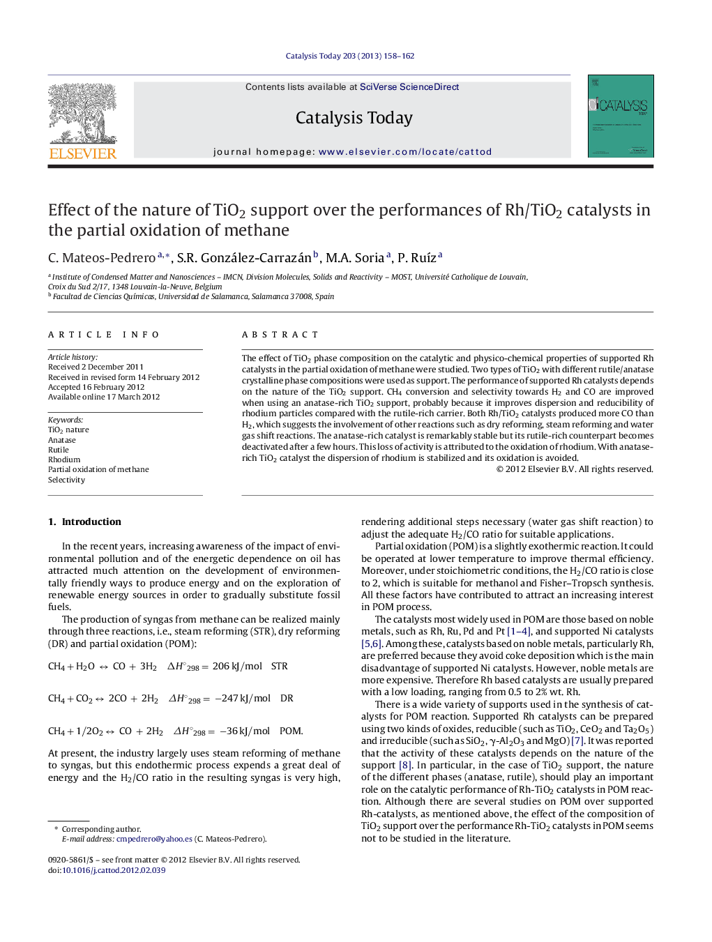 Effect of the nature of TiO2 support over the performances of Rh/TiO2 catalysts in the partial oxidation of methane