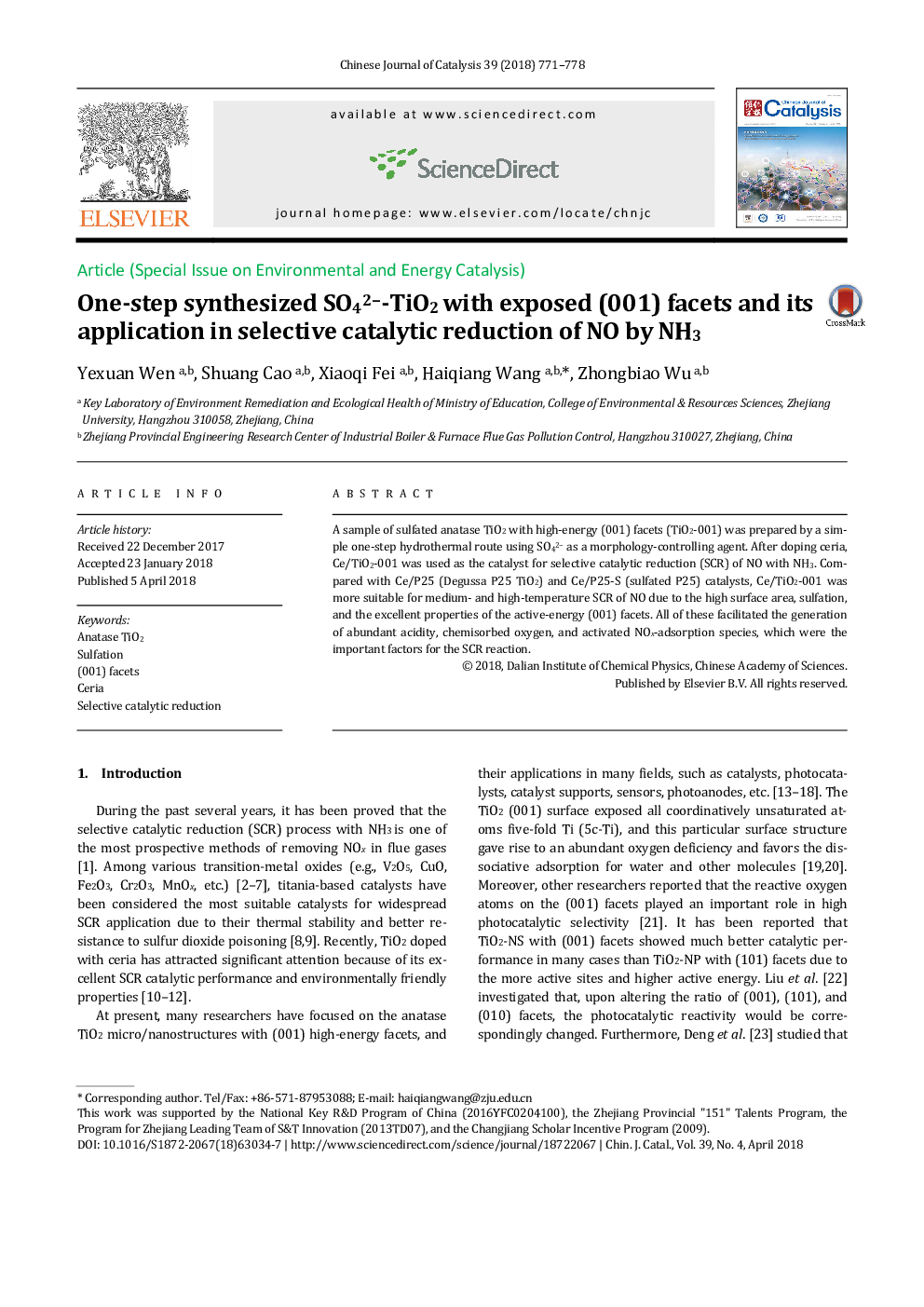 One-step synthesized SO42--TiO2 with exposed (001) facets and its application in selective catalytic reduction of NO by NH3