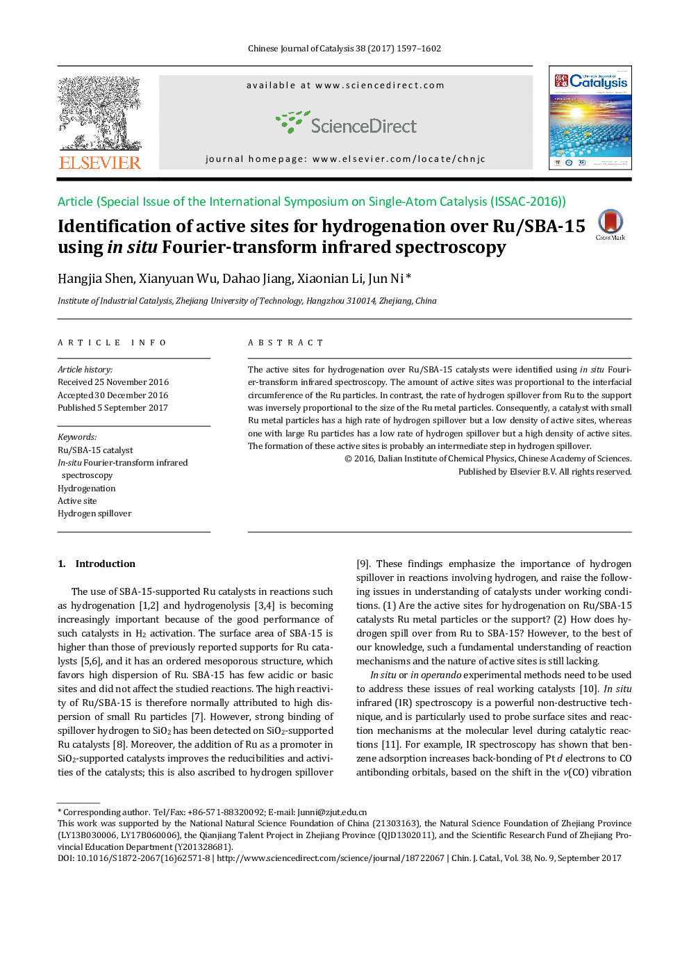 Identification of active sites for hydrogenation over Ru/SBA-15 using in situ Fourier-transform infrared spectroscopy