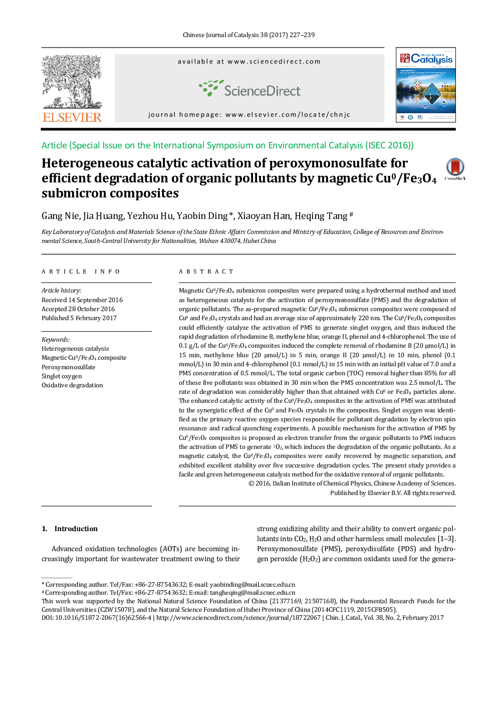 Heterogeneous catalytic activation of peroxymonosulfate for efficient degradation of organic pollutants by magnetic Cu0/Fe3O4 submicron composites