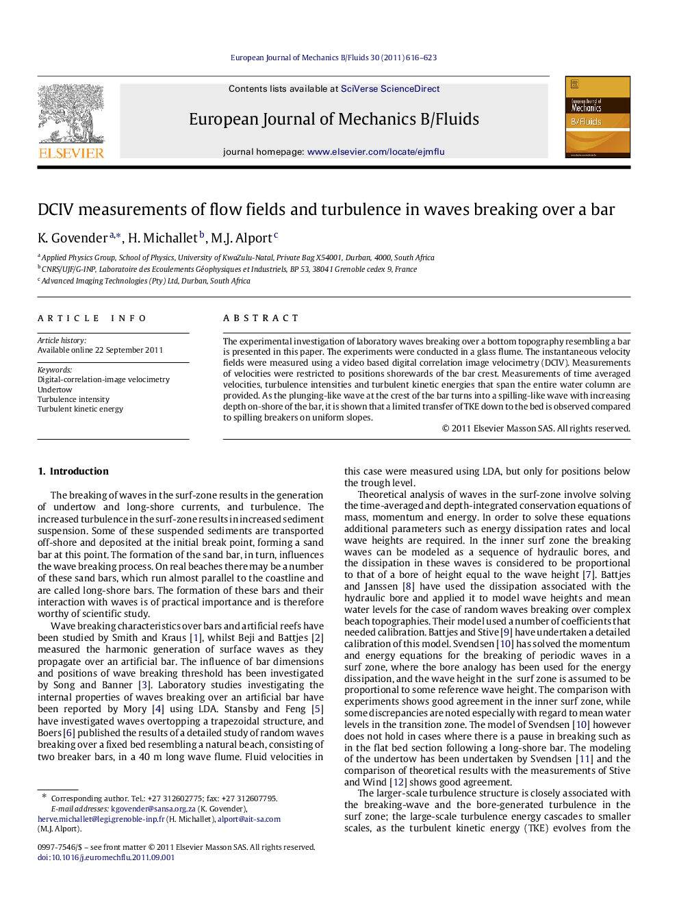 DCIV measurements of flow fields and turbulence in waves breaking over a bar