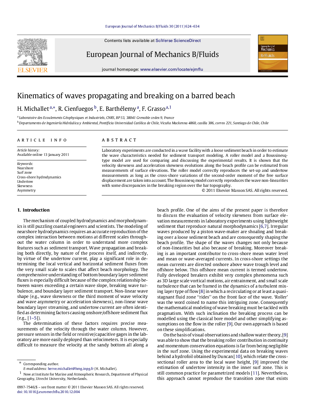 Kinematics of waves propagating and breaking on a barred beach