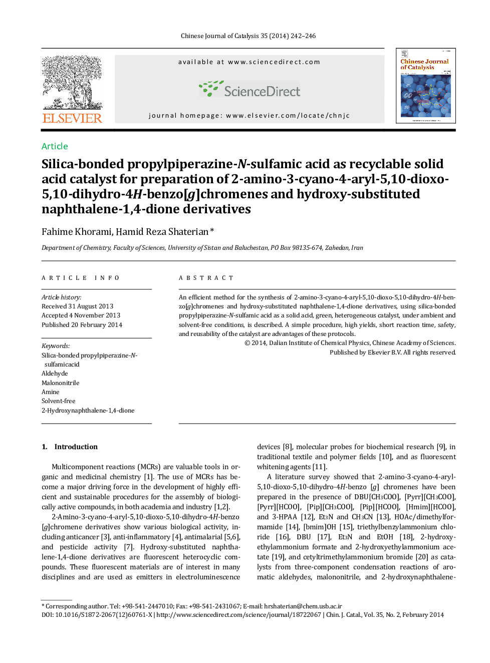 Silica-bonded propylpiperazine-N-sulfamic acid as recyclable solid acid catalyst for preparation of 2-amino-3-cyano-4-aryl-5,10-dioxo- 5,10-dihydro-4H-benzo[g]chromenes and hydroxy-substituted naphthalene-1,4-dione derivatives