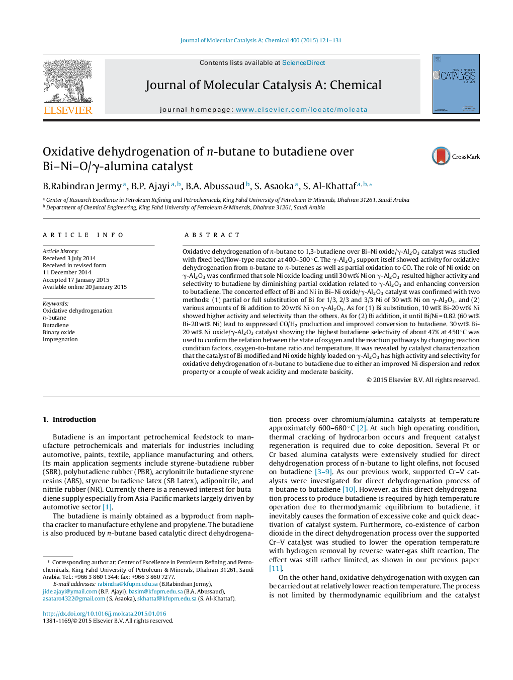 Oxidative dehydrogenation of n-butane to butadiene over Bi–Ni–O/γ-alumina catalyst