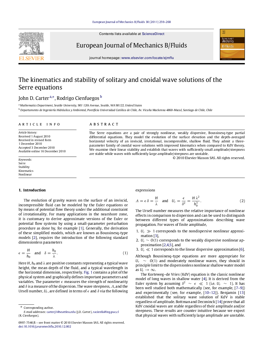 The kinematics and stability of solitary and cnoidal wave solutions of the Serre equations