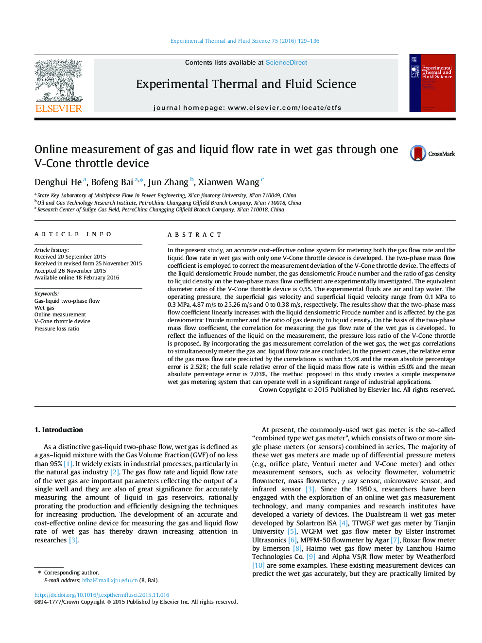 Online measurement of gas and liquid flow rate in wet gas through one V-Cone throttle device